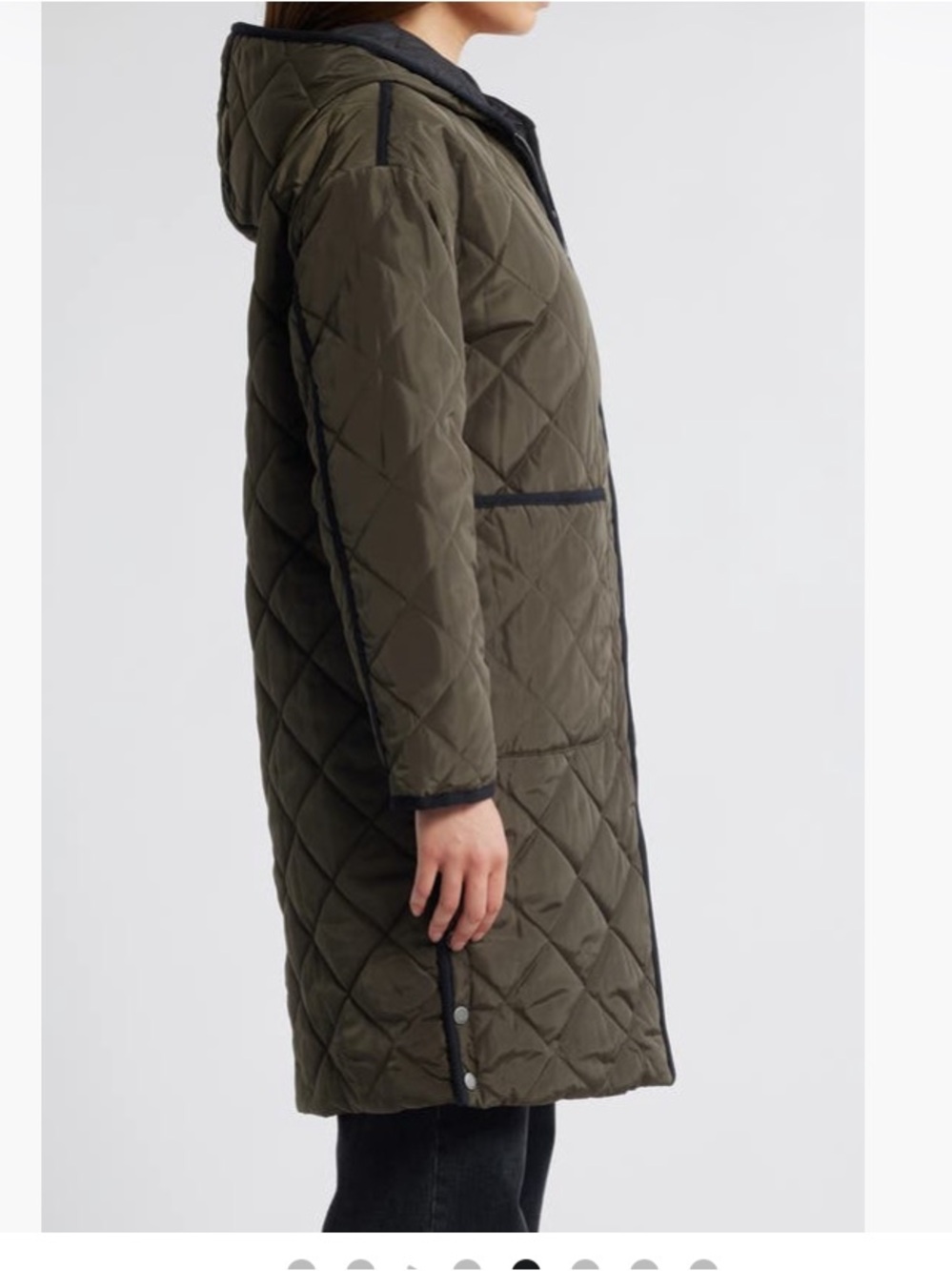 Lucky Brand Reversible Quilted Hooded Long Coat in Olive Green - to solid black